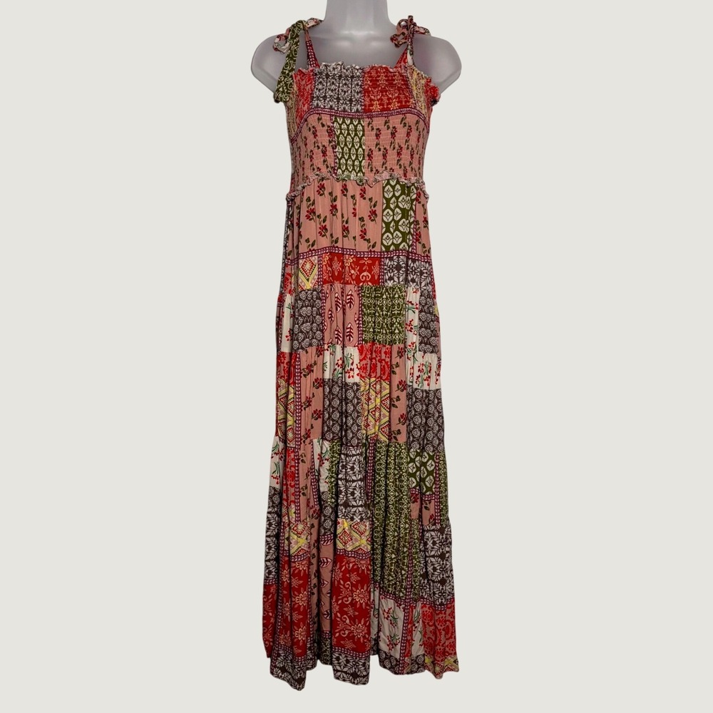 Abel The Label XS Patchwork Maxi Dress Multicolor Smocked Tiered Boho  Cottage